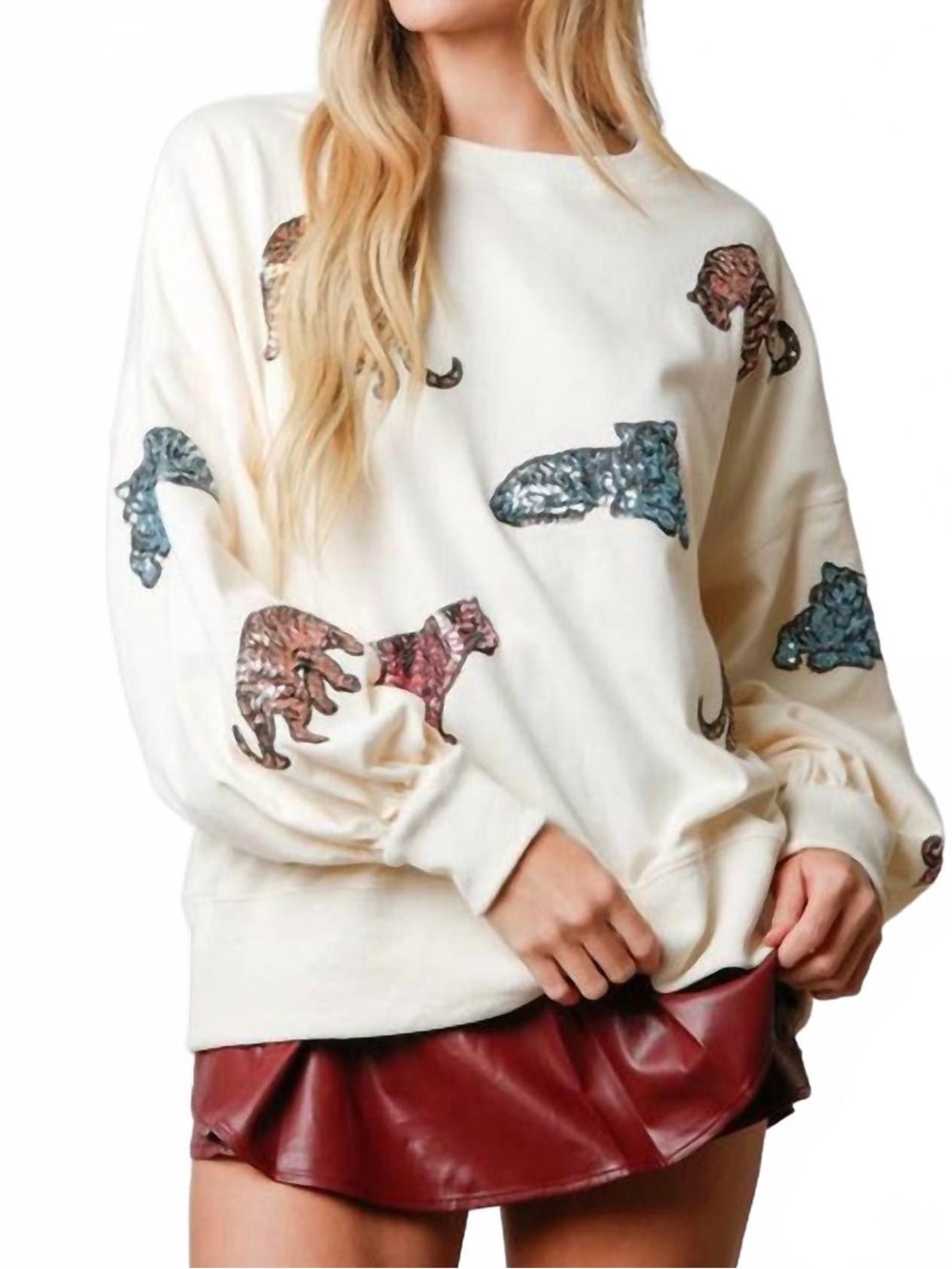Peach Love California Sequin Tiger Sweatshirt in Cream. Size L